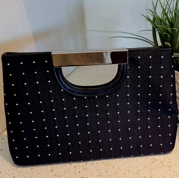 White House Black Market Handbags - White House Black Market Black Polka Dot Clutch with Silver Handle – Elegant Eve